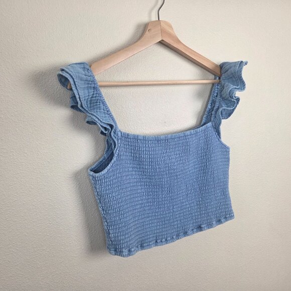 Z Supply Hera Gauze Chambray Crop Top Size M Blue Stretch Ruffle Sleeve NEW - Picture 3 of 8